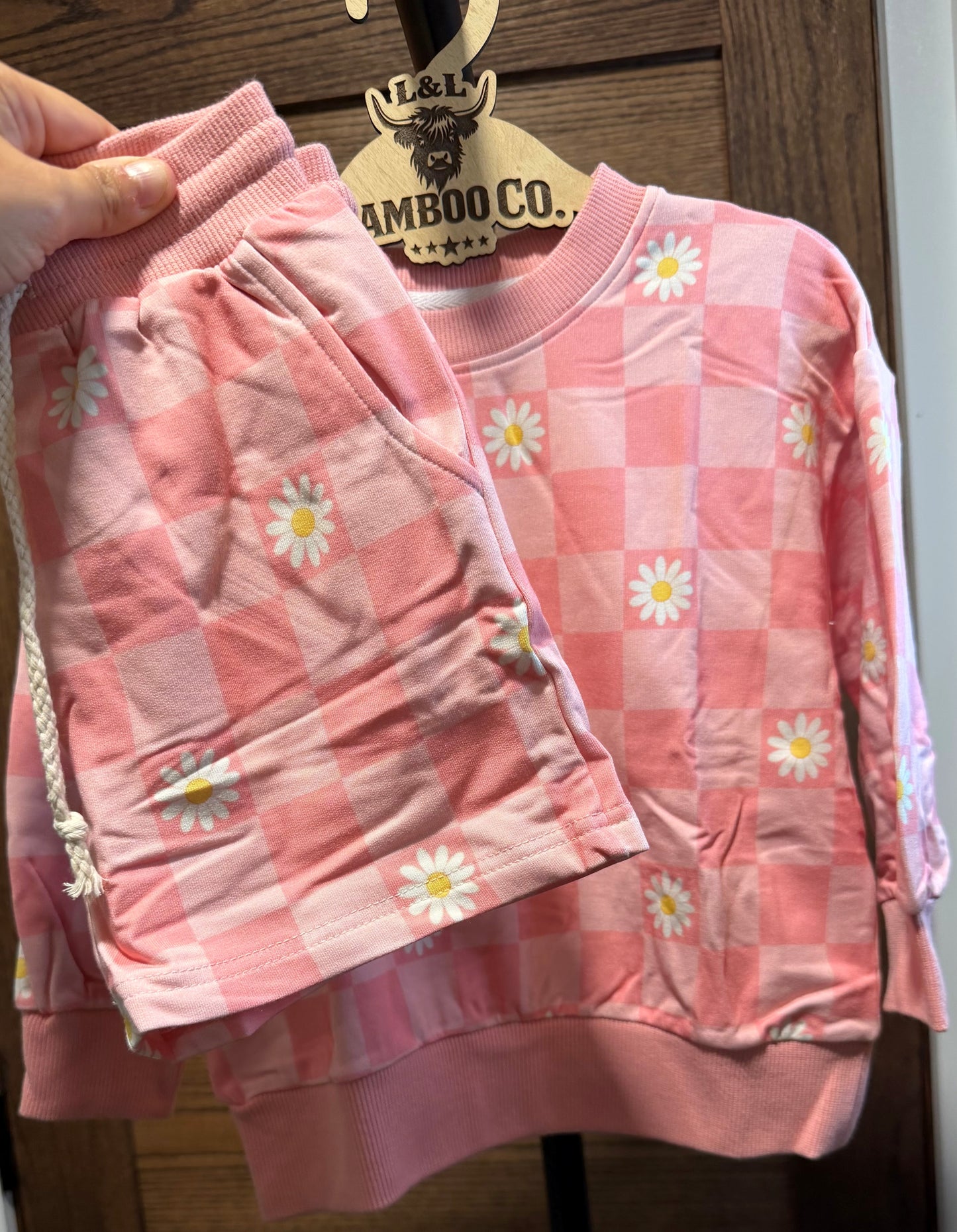 Pink Floral Checks French Terry Crewneck Daywear Set